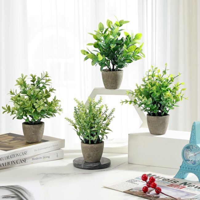 4 Pack Fake Plants Ceramic Mini Artificial Greenery Potted Plants for Home Decor Office Decor Room Decor Farmhouse Decor Indoor Table Bathroom Decor - Image 2