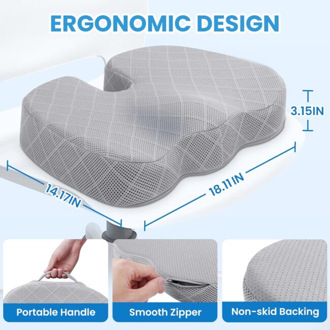 Office/Car Seat Cushion, Non-Slip Sciatica & Back Coccyx Tailbone Pain Relief Chair Pad, Memory Foam Butt Pillow for Computer Desk, Wheelchair, Driving (Light Grey) - Image 2