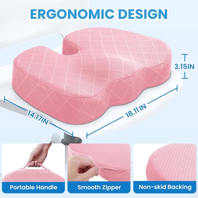 Office/Car Seat Cushion, Non-Slip Sciatica & Back Coccyx Tailbone Pain Relief Chair Pad, Memory Foam Butt Pillow for Computer Desk, Wheelchair, Driving (Pink) - Image 2