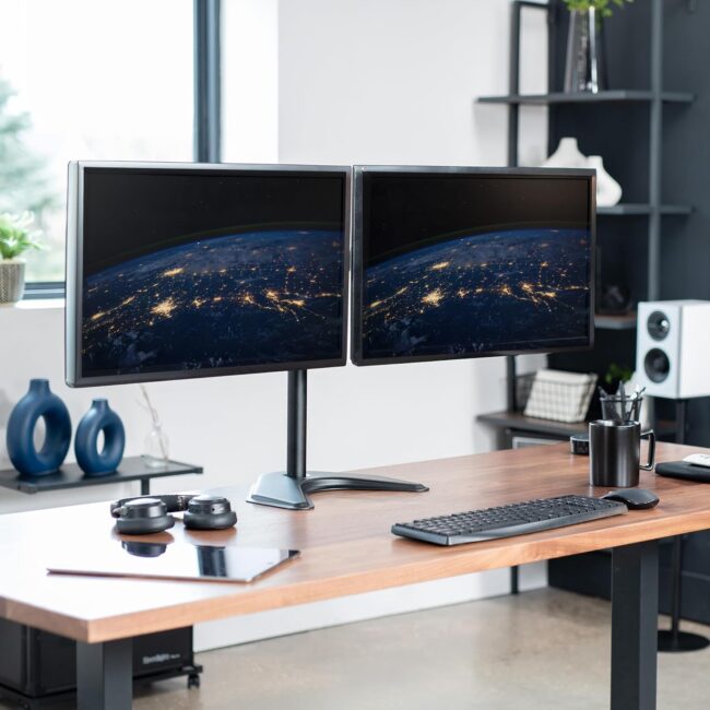 Dual LED LCD Monitor Free-Standing Desk Stand for 2 Screens up to 27 Inch Heavy-Duty Fully Adjustable Arms with Max  100x100mm - Image 2