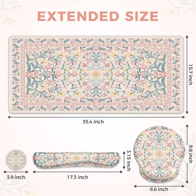 Desk Mat, Large Mouse Pad Wrist Support Set, 4in1 XXL Large Mousepad + Keyboard Wrist Rest+Mouse Wrist Rest+Coastert with Ergonomic Design for Home Office Computer(Pink Vine Flowers) - Image 2