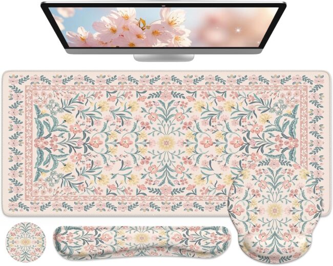 Desk Mat, Large Mouse Pad Wrist Support Set, 4in1 XXL Large Mousepad + Keyboard Wrist Rest+Mouse Wrist Rest+Coastert with Ergonomic Design for Home Office Computer(Pink Vine Flowers)
